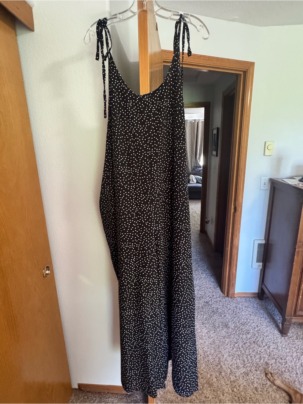 Black Polka Dot Tie-Strap jumpsuit with pockets!